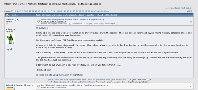 Captura del anuncio de Silkroad en Bitcoin en Bitcointalk