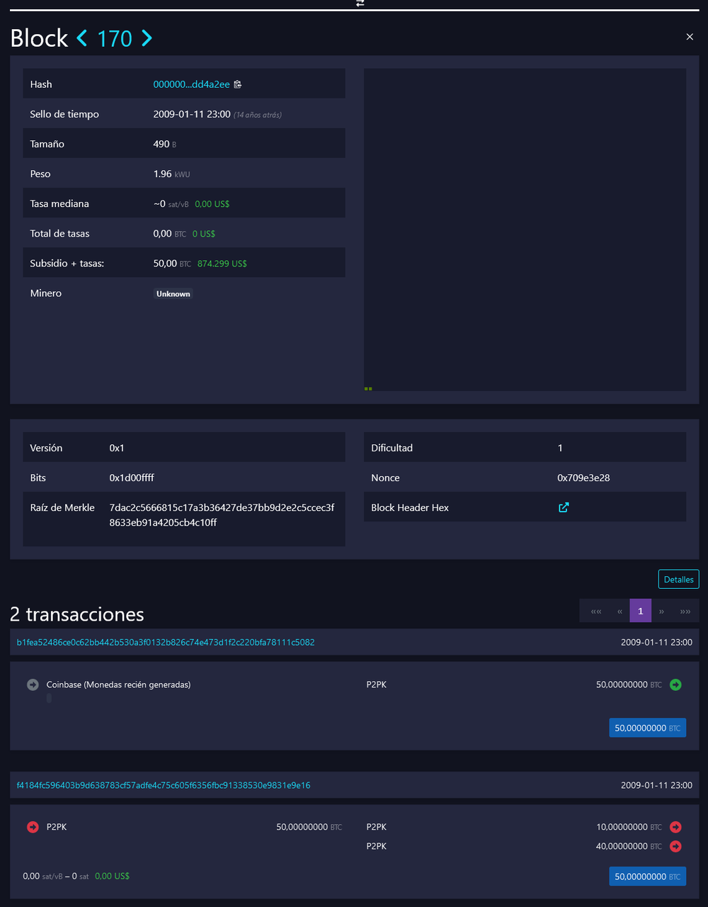 Captura de la primera transaccion de bitcoin