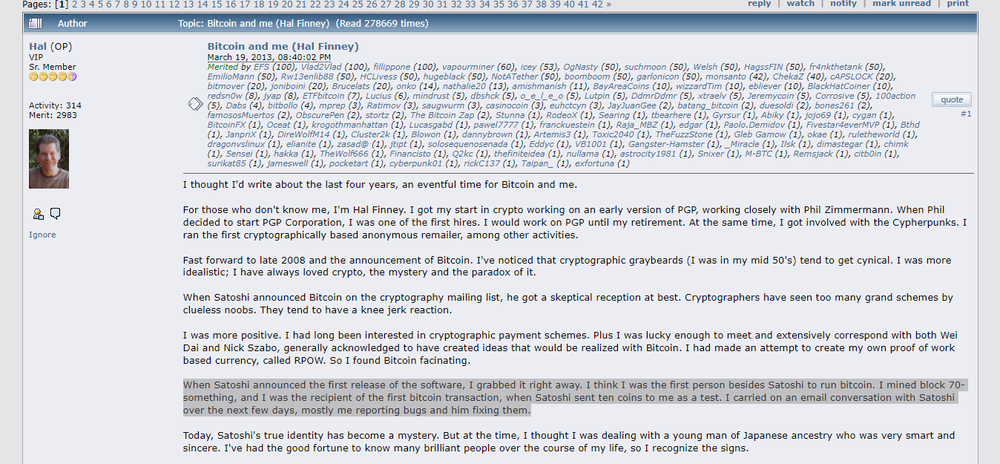 Captura del post Bitcoin y Yo de Hal Finney
