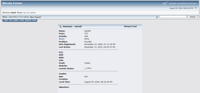 Captura del registro de Satoshi en BitcoinTalk