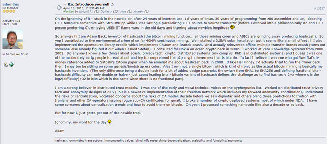 Captura de la presentación de Adam Back en Bitcointalk