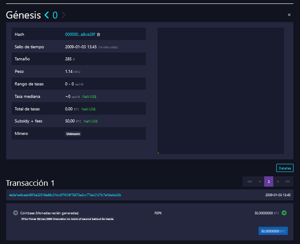 Captura del bloque génesis en mempool.space