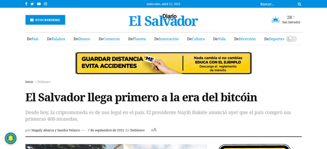 Captura de la primera página de Diario El Salvador