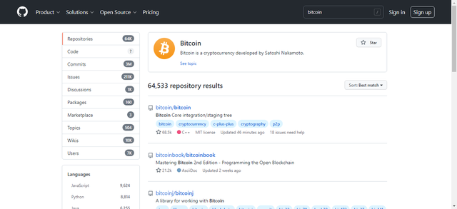 Captura de la búsqueda 'Bitcoin' en GitHub